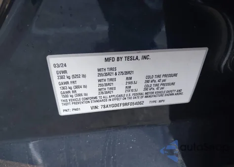 2024 Tesla Model Y Performance Dual Motor All-Wheel Drive z USA, uszkodzony, nr VIN 7SAYGDEF9RF054062
